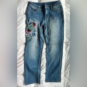 Chico's Light Blue Straight-Leg Jeans with Floral Embroidery